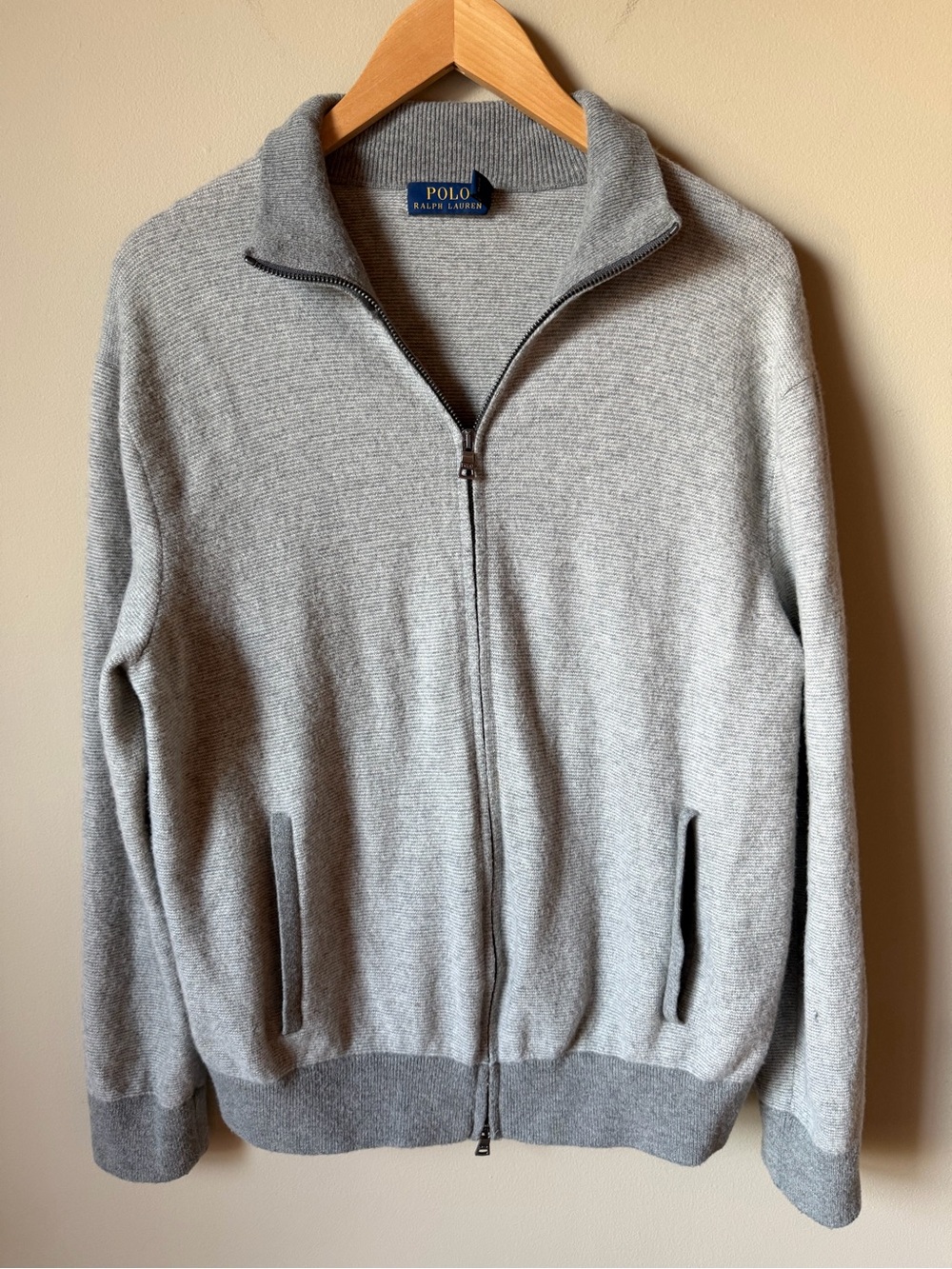 Polo Ralph Lauren Merino Wool Full Zip Sweater Jacket Gray XL Mock Neck EUC
